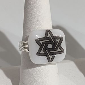 Handmade glass Star of David or Chai statement ring silver plated adjustable